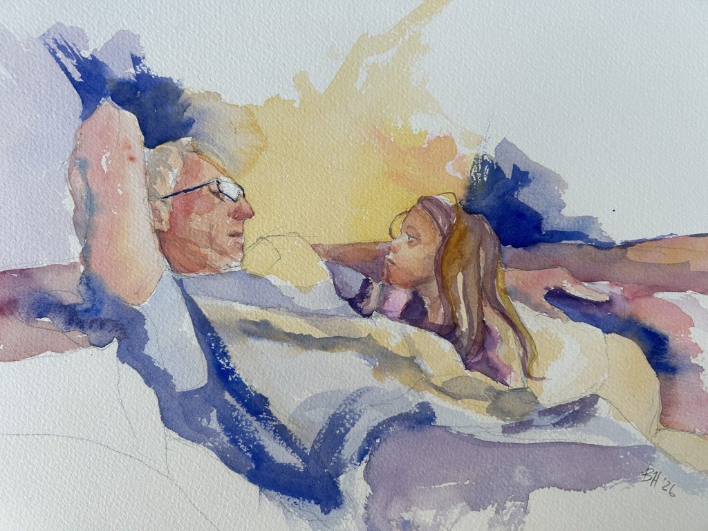 Old man leaning on the couch, looking in the face of a little girl who is curled up next to him. 